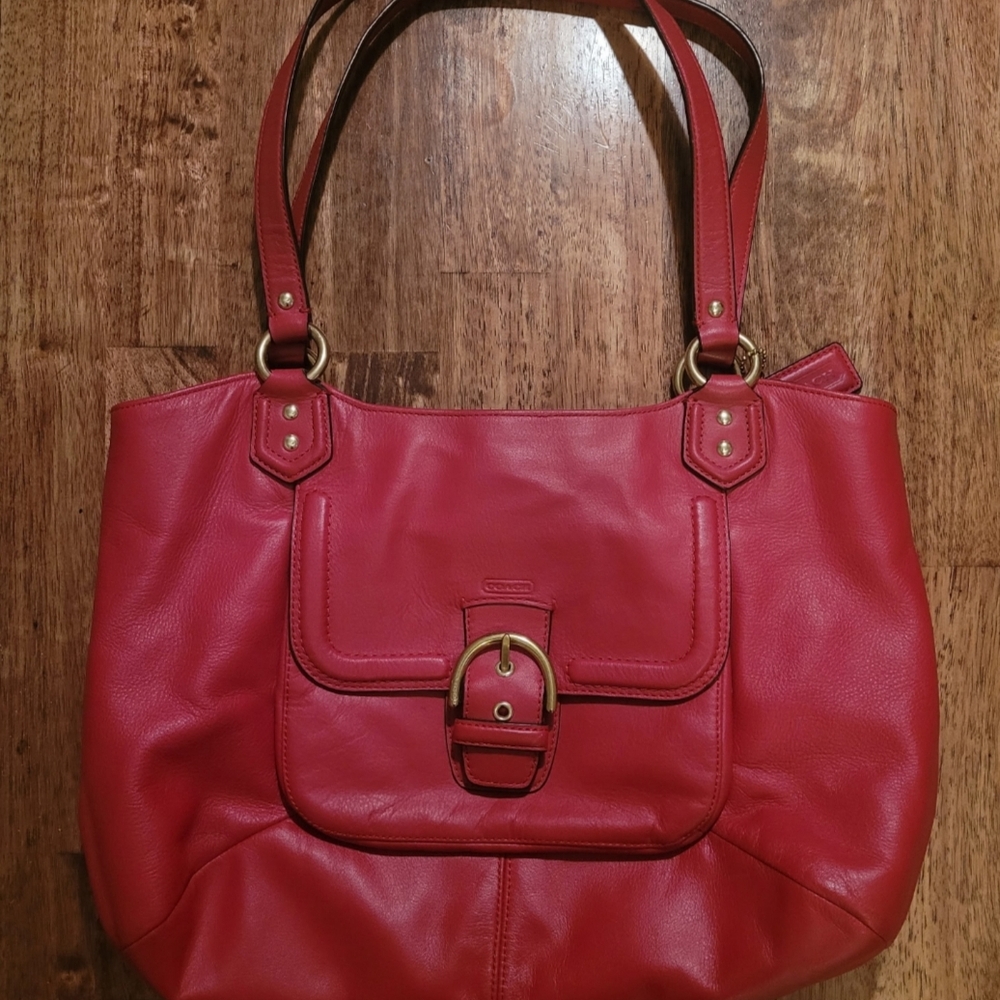 Coach Red Leather Shoulder Bag With Gold Hardware
